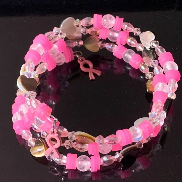 Breast Cancer Awareness beaded coil bracelet (Handmade) - Picture 1 of 5
